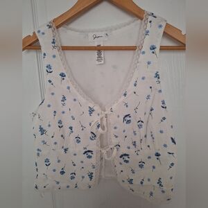 NWT Japna Linen Blend Floral Lace-Trimmed Tie Front Women's Top M